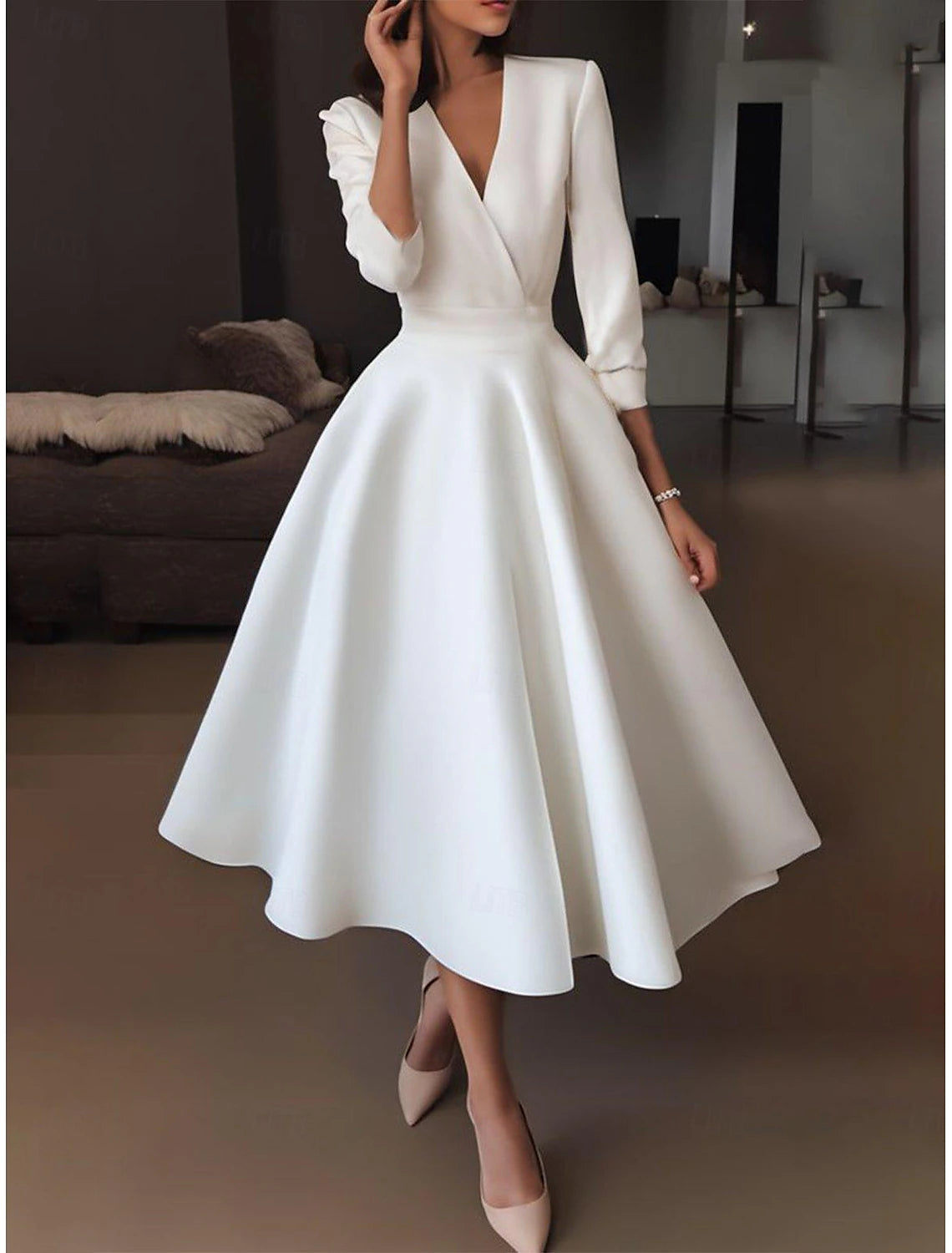 Buyishang Wedding Dresses A-Line V Neck Half Sleeve Tea Length Satin Bridal Gowns With Draping